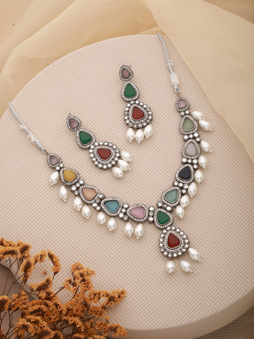 Silver Toned Multicolored Kundan & Pearl Beaded Designer  Jewellery Set